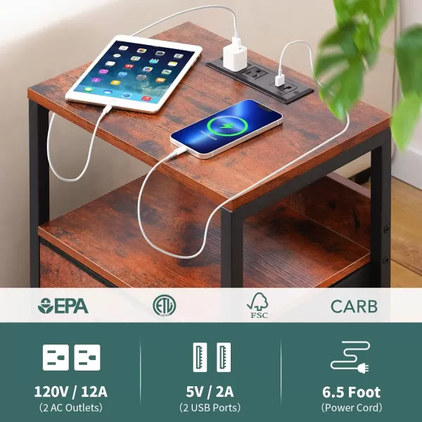 Yoobure Nightstand with Charging Station Small Night Stand with Fabric Drawers and Storage Shelf for Bedrooms Nightstands for Small Spaces Bedside Table with USB Ports ampamp Outlets Bed Side TableBerry Brown