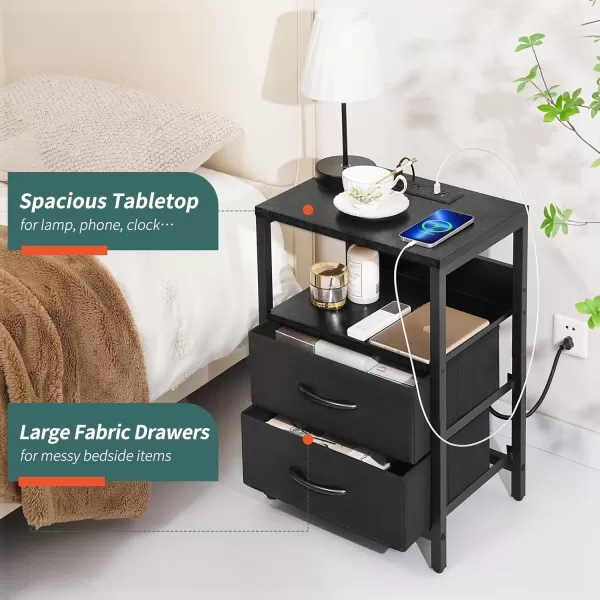 Yoobure Nightstand with Charging Station Small Night Stand with Fabric Drawers and Storage Shelf for Bedrooms Nightstands for Small Spaces Bedside Table with USB Ports ampamp Outlets Bed Side TableBlack