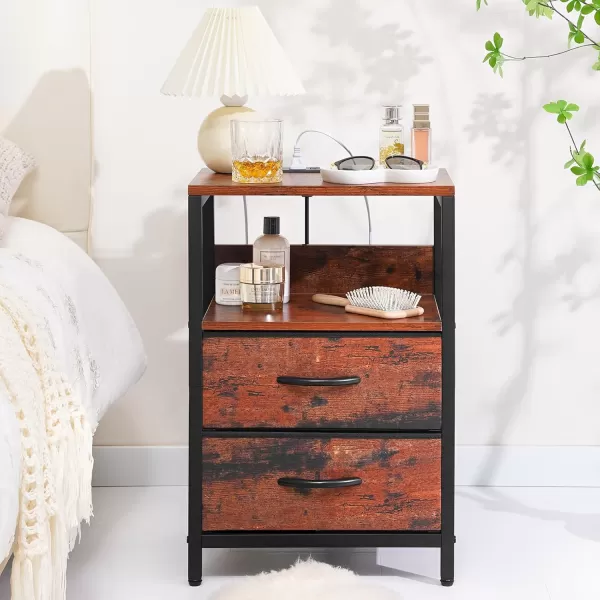 Yoobure Nightstand with Charging Station Small Night Stand with Fabric Drawers and Storage Shelf for Bedrooms Nightstands for Small Spaces Bedside Table with USB Ports ampamp Outlets Bed Side TableBerry Brown