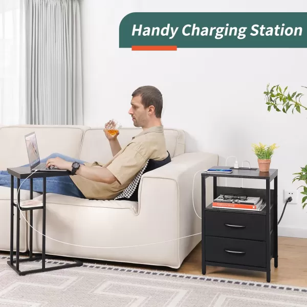 Yoobure Nightstand with Charging Station Small Night Stand with Fabric Drawers and Storage Shelf for Bedrooms Nightstands for Small Spaces Bedside Table with USB Ports ampamp Outlets Bed Side TableCharcoal GrayBlack