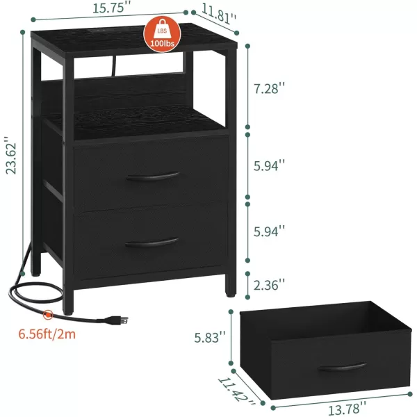 Yoobure Nightstand with Charging Station Small Night Stand with Fabric Drawers and Storage Shelf for Bedrooms Nightstands for Small Spaces Bedside Table with USB Ports ampamp Outlets Bed Side TableBlack