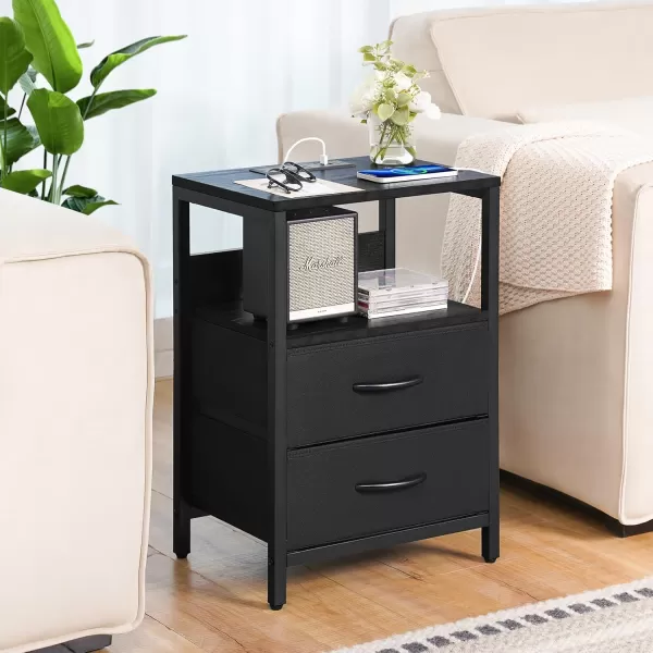 Yoobure Nightstand with Charging Station Small Night Stand with Fabric Drawers and Storage Shelf for Bedrooms Nightstands for Small Spaces Bedside Table with USB Ports ampamp Outlets Bed Side TableBlack