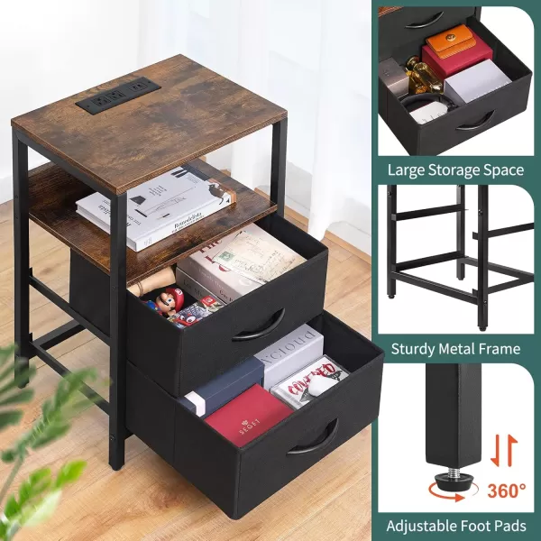 Yoobure Nightstand with Charging Station Small Night Stand with Fabric Drawers and Storage Shelf for Bedrooms Nightstands for Small Spaces Bedside Table with USB Ports ampamp Outlets Bed Side TableVintage BrownBlack