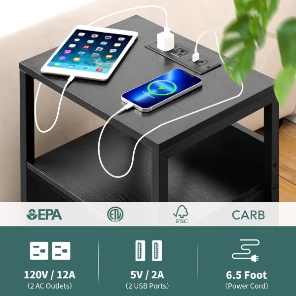 Yoobure Nightstand with Charging Station Small Night Stand with Fabric Drawers and Storage Shelf for Bedrooms Nightstands for Small Spaces Bedside Table with USB Ports ampamp Outlets Bed Side TableBlack