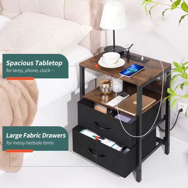 Yoobure Nightstand with Charging Station Small Night Stand with Fabric Drawers and Storage Shelf for Bedrooms Nightstands for Small Spaces Bedside Table with USB Ports ampamp Outlets Bed Side TableVintage BrownBlack