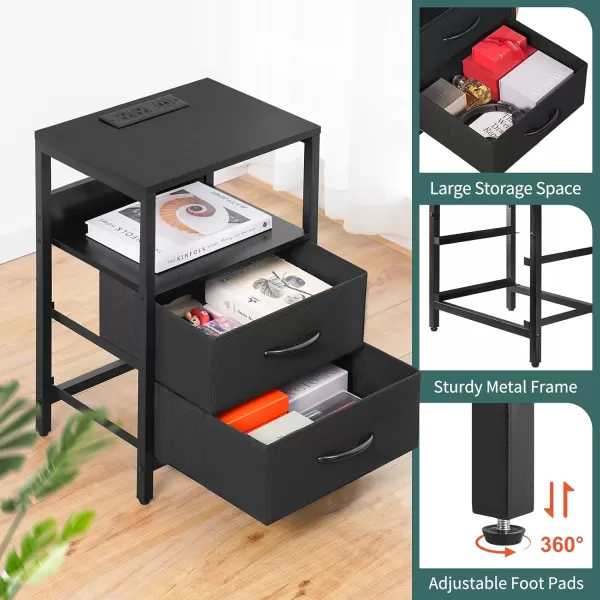 Yoobure Nightstand with Charging Station Small Night Stand with Fabric Drawers and Storage Shelf for Bedrooms Nightstands for Small Spaces Bedside Table with USB Ports ampamp Outlets Bed Side TableBlack