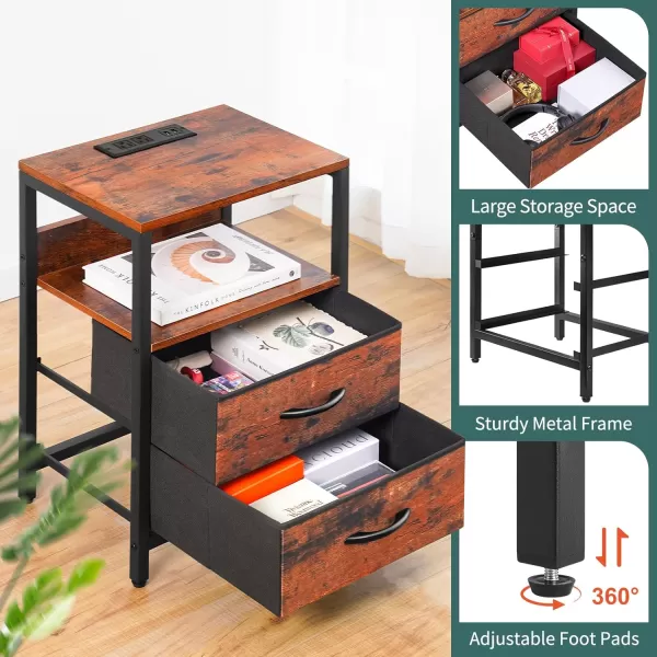 Yoobure Nightstand with Charging Station Small Night Stand with Fabric Drawers and Storage Shelf for Bedrooms Nightstands for Small Spaces Bedside Table with USB Ports ampamp Outlets Bed Side TableBerry Brown