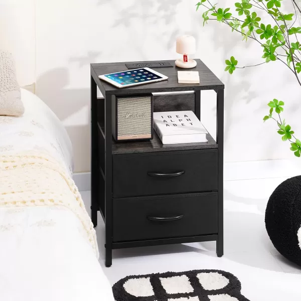 Yoobure Nightstand with Charging Station Small Night Stand with Fabric Drawers and Storage Shelf for Bedrooms Nightstands for Small Spaces Bedside Table with USB Ports ampamp Outlets Bed Side TableCharcoal GrayBlack