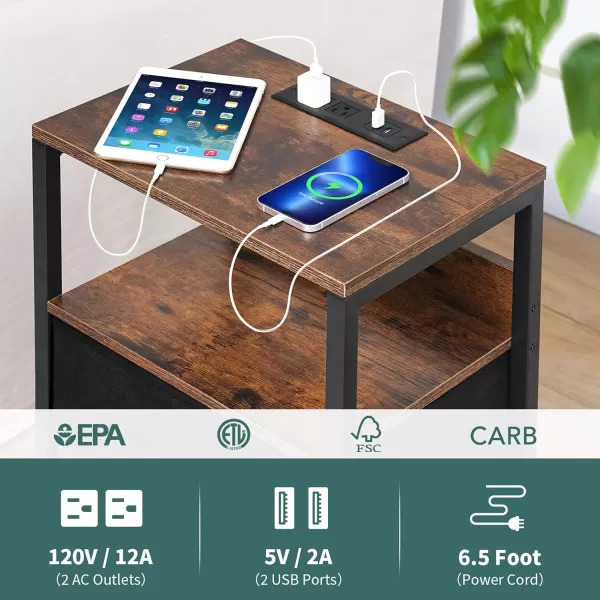 Yoobure Nightstand with Charging Station Small Night Stand with Fabric Drawers and Storage Shelf for Bedrooms Nightstands for Small Spaces Bedside Table with USB Ports ampamp Outlets Bed Side TableVintage BrownBlack