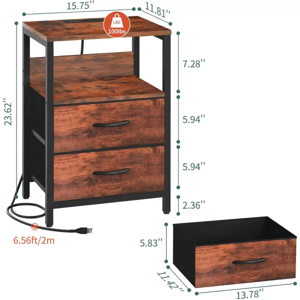 Yoobure Nightstand with Charging Station Small Night Stand with Fabric Drawers and Storage Shelf for Bedrooms Nightstands for Small Spaces Bedside Table with USB Ports ampamp Outlets Bed Side TableBerry Brown