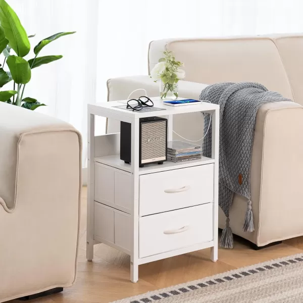 Yoobure Nightstand with Charging Station Small Night Stand with Fabric Drawers and Storage Shelf for Bedrooms Nightstands for Small Spaces Bedside Table with USB Ports ampamp Outlets Bed Side TableWhite