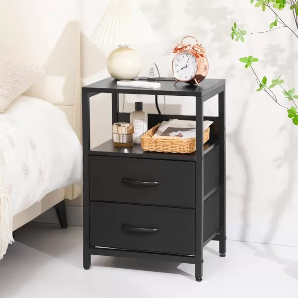 Yoobure Nightstand with Charging Station Small Night Stand with Fabric Drawers and Storage Shelf for Bedrooms Nightstands for Small Spaces Bedside Table with USB Ports ampamp Outlets Bed Side TableBlack