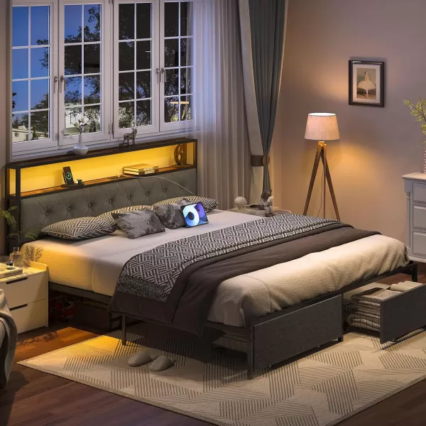 Yoobure Queen Size Bed Frame Metal Platform Bed Frame Queen Size with Headboard Noise Free Bed Frames with Storage Drawers Bedframe with Charging Station LED Light Heavy Duty No Box Spring NeededRustic