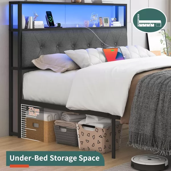 Yoobure Queen Size Bed Frame Metal Platform Bed Frame Queen Size with Headboard Noise Free Bed Frames with Storage Drawers Bedframe with Charging Station LED Light Heavy Duty No Box Spring NeededRustic