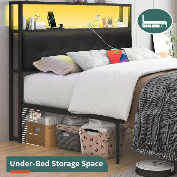 Yoobure Queen Size Bed Frame Metal Platform Bed Frame Queen Size with Headboard Noise Free Bed Frames with Storage Drawers Bedframe with Charging Station LED Light Heavy Duty No Box Spring NeededBlack