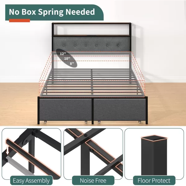Yoobure Queen Size Bed Frame Metal Platform Bed Frame Queen Size with Headboard Noise Free Bed Frames with Storage Drawers Bedframe with Charging Station LED Light Heavy Duty No Box Spring NeededRustic