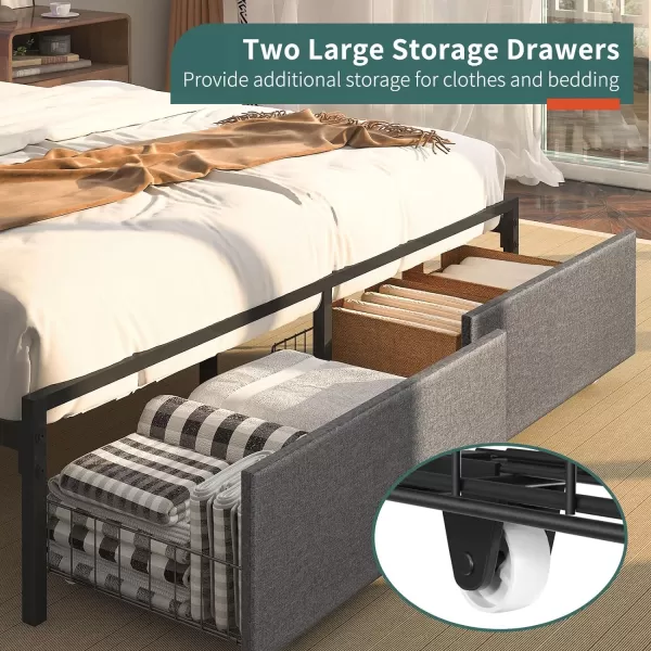 Yoobure Queen Size Bed Frame Metal Platform Bed Frame Queen Size with Headboard Noise Free Bed Frames with Storage Drawers Bedframe with Charging Station LED Light Heavy Duty No Box Spring NeededRustic
