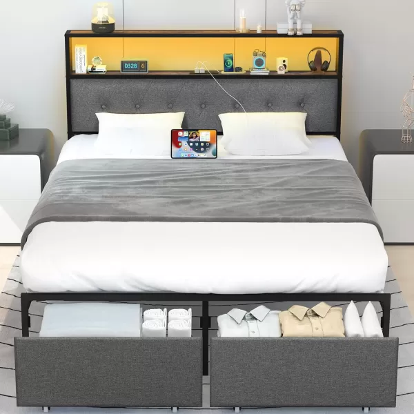 Yoobure Queen Size Bed Frame Metal Platform Bed Frame Queen Size with Headboard Noise Free Bed Frames with Storage Drawers Bedframe with Charging Station LED Light Heavy Duty No Box Spring NeededRustic