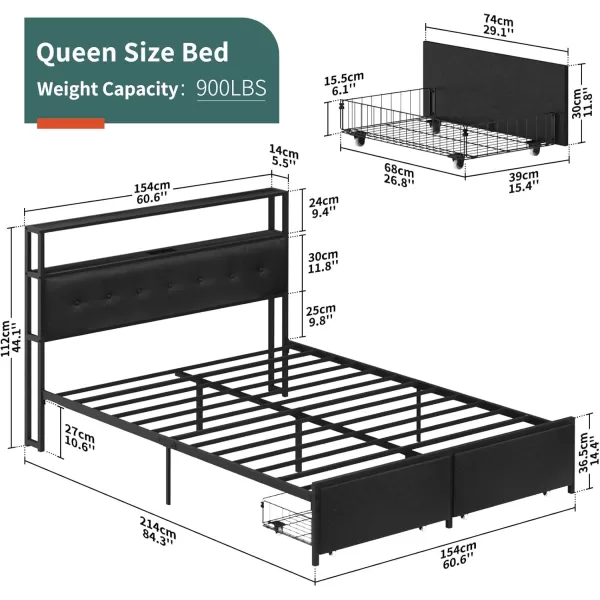 Yoobure Queen Size Bed Frame Metal Platform Bed Frame Queen Size with Headboard Noise Free Bed Frames with Storage Drawers Bedframe with Charging Station LED Light Heavy Duty No Box Spring NeededBlack
