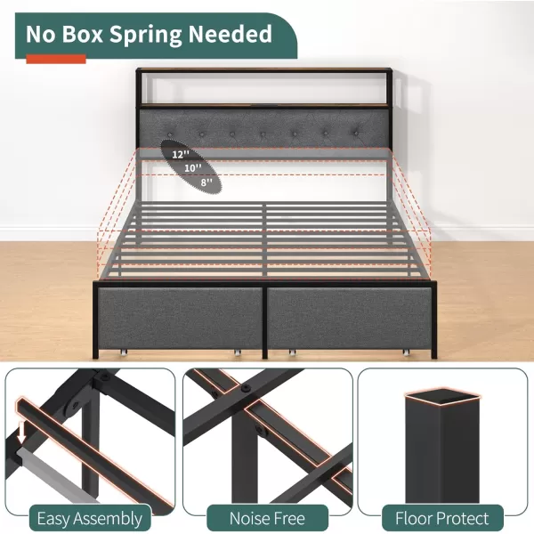 Yoobure Queen Size Bed Frame Metal Platform Bed Frame Queen Size with Headboard Noise Free Bed Frames with Storage Drawers Bedframe with Charging Station LED Light Heavy Duty No Box Spring NeededRustic