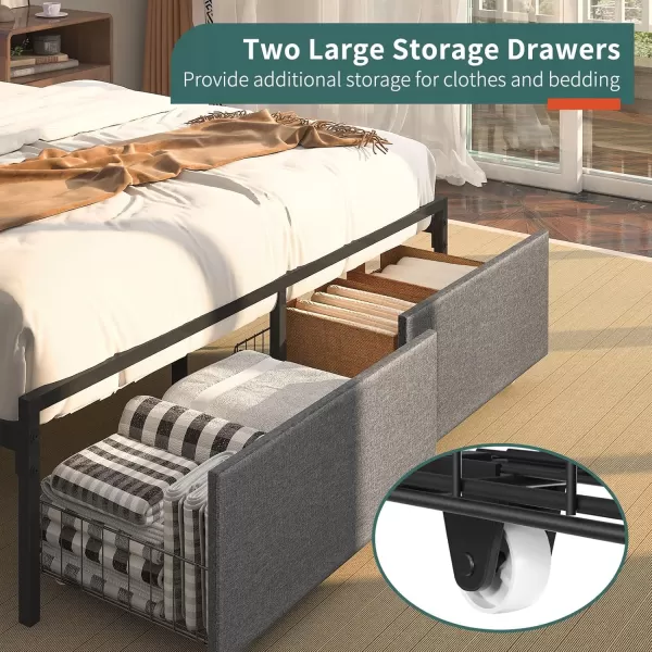 Yoobure Queen Size Bed Frame Metal Platform Bed Frame Queen Size with Headboard Noise Free Bed Frames with Storage Drawers Bedframe with Charging Station LED Light Heavy Duty No Box Spring NeededRustic