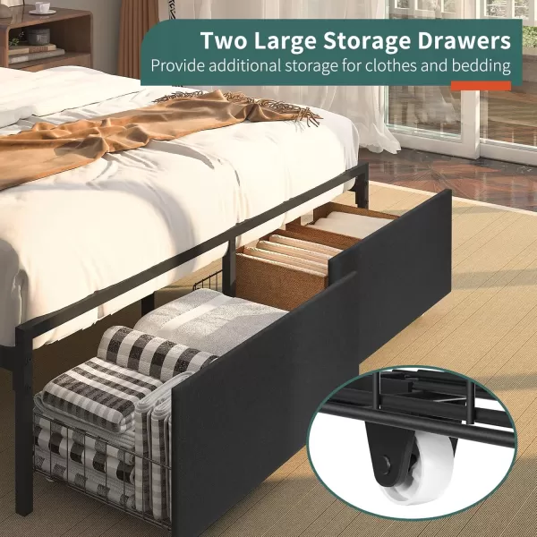 Yoobure Queen Size Bed Frame Metal Platform Bed Frame Queen Size with Headboard Noise Free Bed Frames with Storage Drawers Bedframe with Charging Station LED Light Heavy Duty No Box Spring NeededBlack