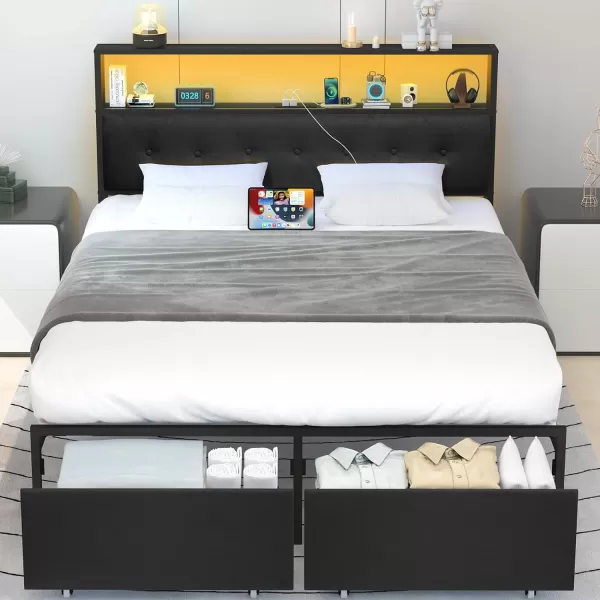 Yoobure Queen Size Bed Frame Metal Platform Bed Frame Queen Size with Headboard Noise Free Bed Frames with Storage Drawers Bedframe with Charging Station LED Light Heavy Duty No Box Spring NeededBlack