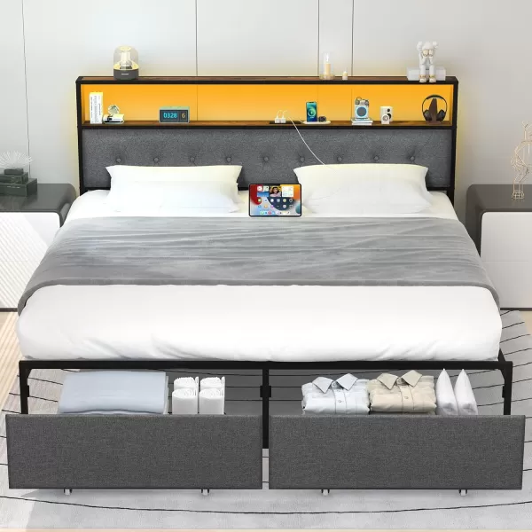 Yoobure Queen Size Bed Frame Metal Platform Bed Frame Queen Size with Headboard Noise Free Bed Frames with Storage Drawers Bedframe with Charging Station LED Light Heavy Duty No Box Spring NeededRustic