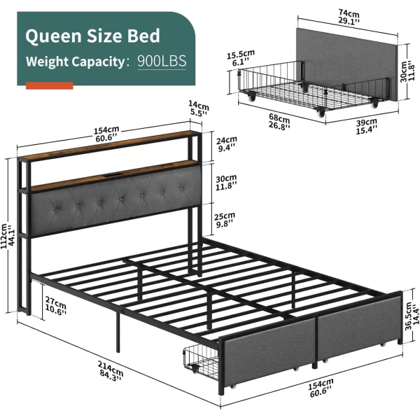 Yoobure Queen Size Bed Frame Metal Platform Bed Frame Queen Size with Headboard Noise Free Bed Frames with Storage Drawers Bedframe with Charging Station LED Light Heavy Duty No Box Spring NeededRustic