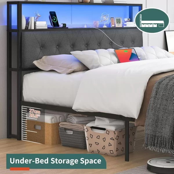 Yoobure Queen Size Bed Frame Metal Platform Bed Frame Queen Size with Headboard Noise Free Bed Frames with Storage Drawers Bedframe with Charging Station LED Light Heavy Duty No Box Spring NeededRustic