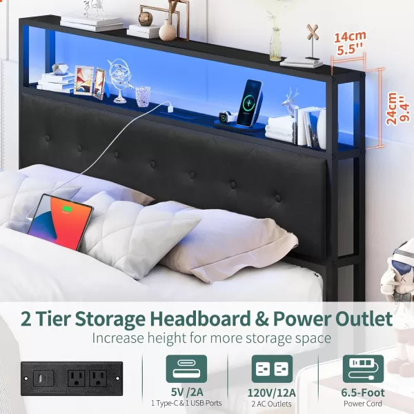 Yoobure Queen Size Bed Frame Metal Platform Bed Frame Queen Size with Headboard Noise Free Bed Frames with Storage Drawers Bedframe with Charging Station LED Light Heavy Duty No Box Spring NeededBlack