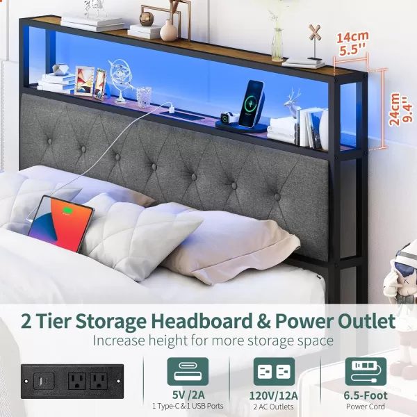 Yoobure Queen Size Bed Frame Metal Platform Bed Frame Queen Size with Headboard Noise Free Bed Frames with Storage Drawers Bedframe with Charging Station LED Light Heavy Duty No Box Spring NeededRustic