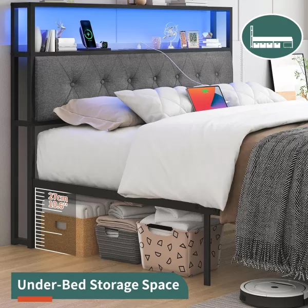 Yoobure Queen Size Bed Frame Metal Platform Bed Frame Queen Size with Headboard Noise Free Bed Frames with Storage Drawers Bedframe with Charging Station LED Light Heavy Duty No Box Spring NeededRustic