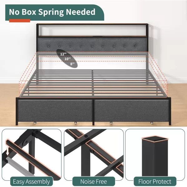 Yoobure Queen Size Bed Frame Metal Platform Bed Frame Queen Size with Headboard Noise Free Bed Frames with Storage Drawers Bedframe with Charging Station LED Light Heavy Duty No Box Spring NeededRustic