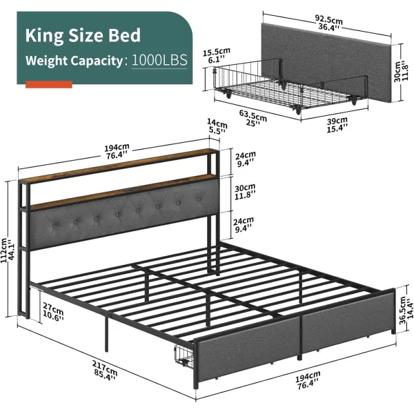 Yoobure Queen Size Bed Frame Metal Platform Bed Frame Queen Size with Headboard Noise Free Bed Frames with Storage Drawers Bedframe with Charging Station LED Light Heavy Duty No Box Spring NeededRustic