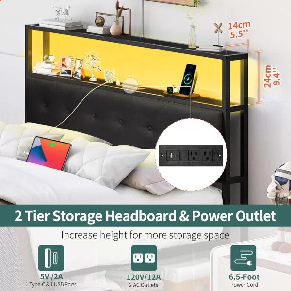 Yoobure Queen Size Bed Frame Metal Platform Bed Frame Queen Size with Headboard Noise Free Bed Frames with Storage Drawers Bedframe with Charging Station LED Light Heavy Duty No Box Spring NeededBlack