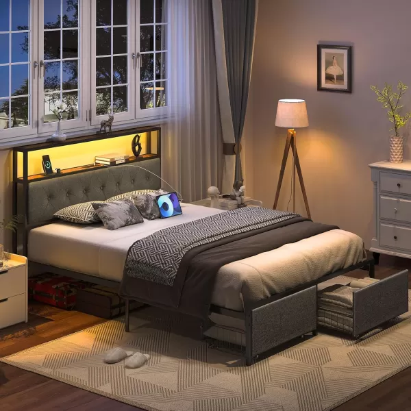 Yoobure Queen Size Bed Frame Metal Platform Bed Frame Queen Size with Headboard Noise Free Bed Frames with Storage Drawers Bedframe with Charging Station LED Light Heavy Duty No Box Spring NeededRustic