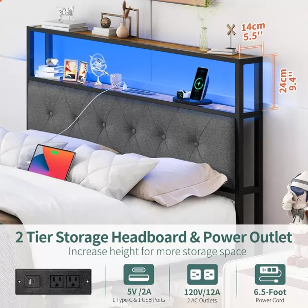 Yoobure Queen Size Bed Frame Metal Platform Bed Frame Queen Size with Headboard Noise Free Bed Frames with Storage Drawers Bedframe with Charging Station LED Light Heavy Duty No Box Spring NeededRustic