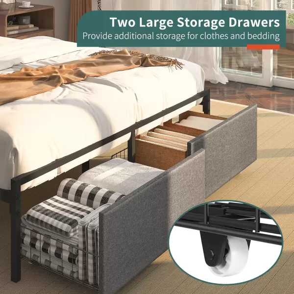 Yoobure Queen Size Bed Frame Metal Platform Bed Frame Queen Size with Headboard Noise Free Bed Frames with Storage Drawers Bedframe with Charging Station LED Light Heavy Duty No Box Spring NeededRustic
