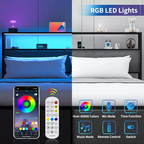 Yoobure Queen Size Bed Frame Metal Platform Bed Frame Queen Size with Headboard Noise Free Bed Frames with Storage Drawers Bedframe with Charging Station LED Light Heavy Duty No Box Spring NeededRustic