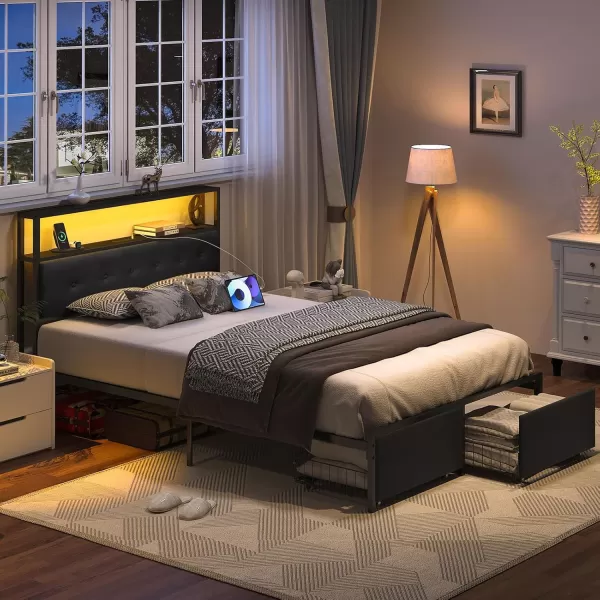 Yoobure Queen Size Bed Frame Metal Platform Bed Frame Queen Size with Headboard Noise Free Bed Frames with Storage Drawers Bedframe with Charging Station LED Light Heavy Duty No Box Spring NeededBlack
