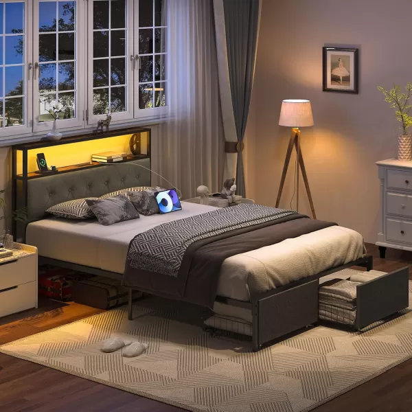 Yoobure Queen Size Bed Frame Metal Platform Bed Frame Queen Size with Headboard Noise Free Bed Frames with Storage Drawers Bedframe with Charging Station LED Light Heavy Duty No Box Spring NeededRustic