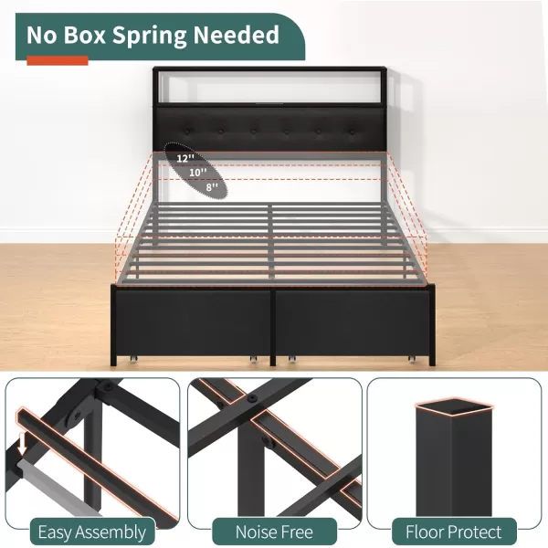 Yoobure Queen Size Bed Frame Metal Platform Bed Frame Queen Size with Headboard Noise Free Bed Frames with Storage Drawers Bedframe with Charging Station LED Light Heavy Duty No Box Spring NeededBlack