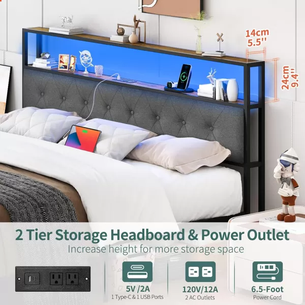 Yoobure Queen Size Bed Frame Metal Platform Bed Frame Queen Size with Headboard Noise Free Bed Frames with Storage Drawers Bedframe with Charging Station LED Light Heavy Duty No Box Spring NeededRustic