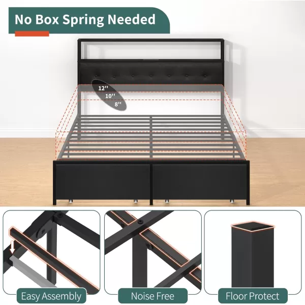 Yoobure Queen Size Bed Frame Metal Platform Bed Frame Queen Size with Headboard Noise Free Bed Frames with Storage Drawers Bedframe with Charging Station LED Light Heavy Duty No Box Spring NeededBlack