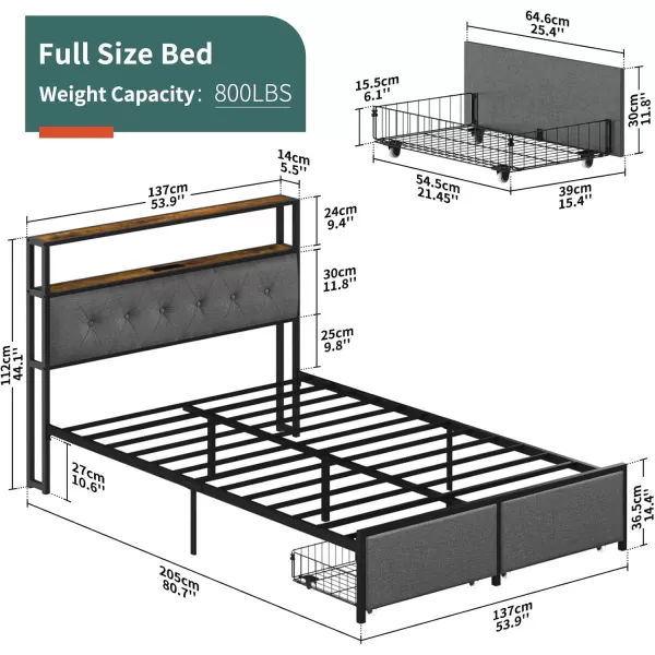 Yoobure Queen Size Bed Frame Metal Platform Bed Frame Queen Size with Headboard Noise Free Bed Frames with Storage Drawers Bedframe with Charging Station LED Light Heavy Duty No Box Spring NeededRustic