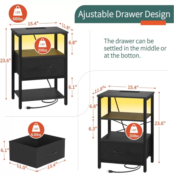 Yoobure Side Table with Storage LED Night Stand with Charging Station End Tables Living Room Nightstand for Bedroom with Adjustable Fabric Drawer 3Tier Wood Bedside Table Berry BrownBlack