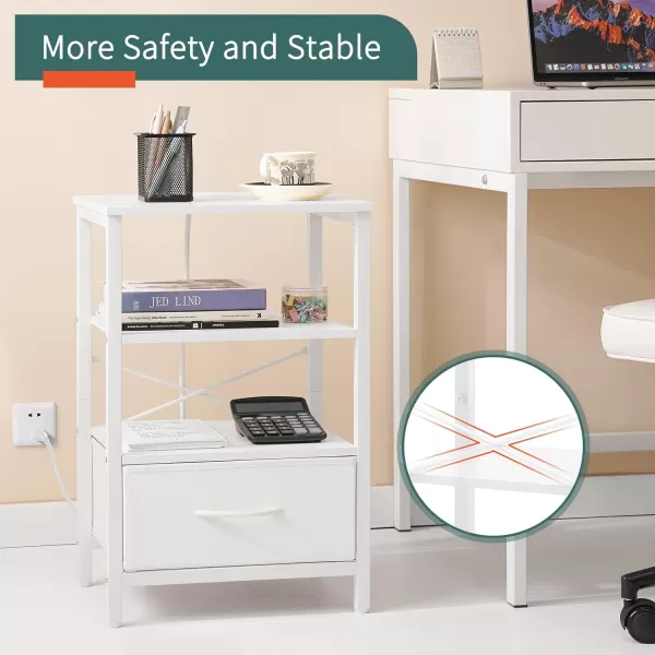 Yoobure Side Table with Storage LED Night Stand with Charging Station End Tables Living Room Nightstand for Bedroom with Adjustable Fabric Drawer 3Tier Wood Bedside Table Berry BrownWhite