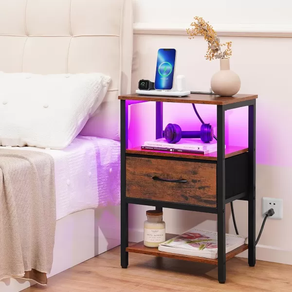 Yoobure Side Table with Storage LED Night Stand with Charging Station End Tables Living Room Nightstand for Bedroom with Adjustable Fabric Drawer 3Tier Wood Bedside Table Berry BrownBrown