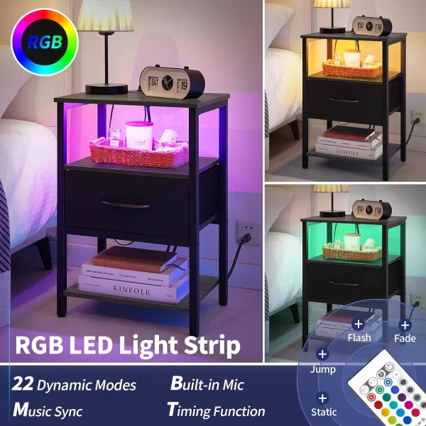 Yoobure Side Table with Storage LED Night Stand with Charging Station End Tables Living Room Nightstand for Bedroom with Adjustable Fabric Drawer 3Tier Wood Bedside Table Berry BrownGreyblack